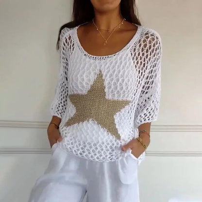 ⌛💥Ladies' Fashion Round Neck Crochet Knit Fishnet Top - MATCHING MASTER