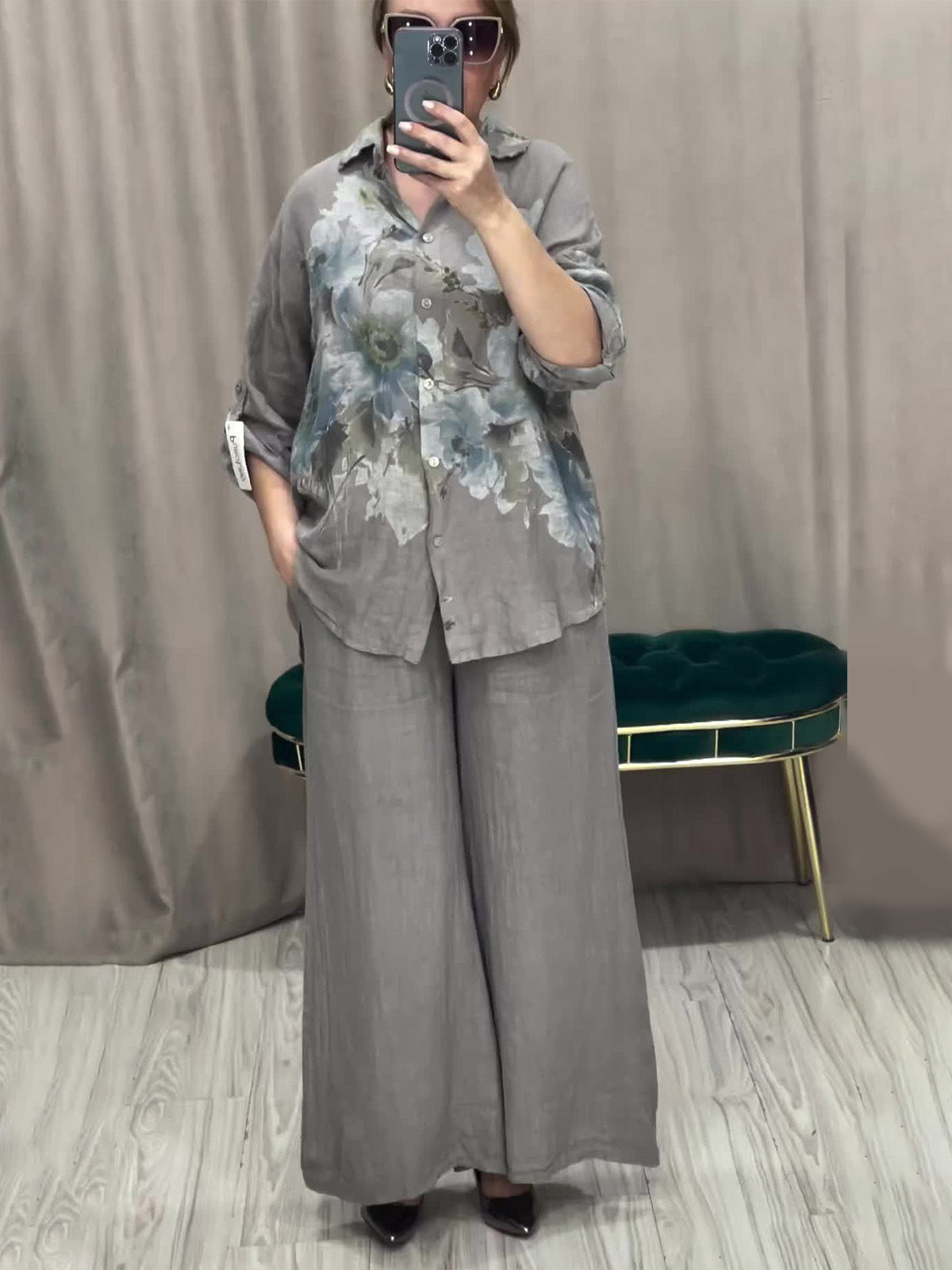 Chic French-Style Floral Linen-Look 2-Piece Set - Loose Roll-Up Sleeve Shirt & Wide-Leg Pants