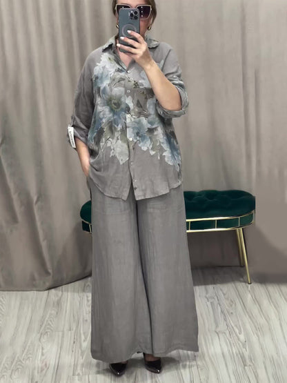 Chic French-Style Floral Linen-Look 2-Piece Set - Loose Roll-Up Sleeve Shirt & Wide-Leg Pants