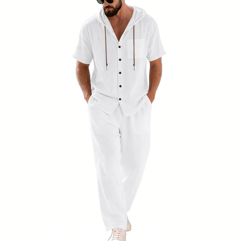 BundleWear™ Breeze-Hood Linen Set | Drawstring Hooded Shirt & Elastic-Waist Trousers
