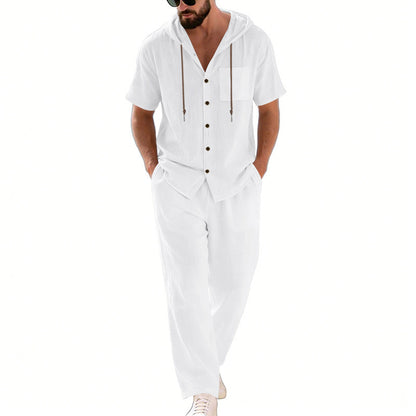 BundleWear™ Breeze-Hood Linen Set | Drawstring Hooded Shirt & Elastic-Waist Trousers