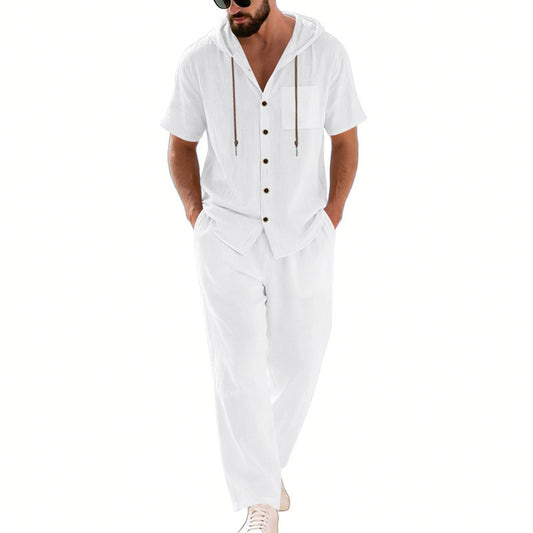 BundleWear™ Breeze-Hood Linen Set | Drawstring Hooded Shirt & Elastic-Waist Trousers