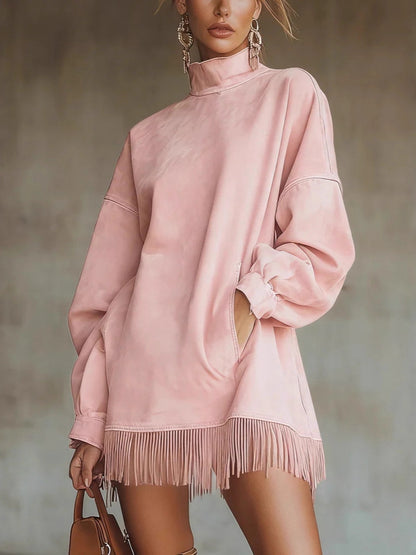 Oversized suede-effect dress with fringe