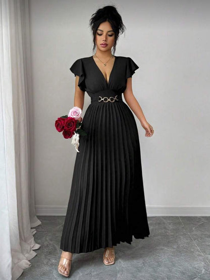 BundleWear™ Gilded Chain Pleated Maxi | Ruffled-Sleeve V-Neck Resort Dress