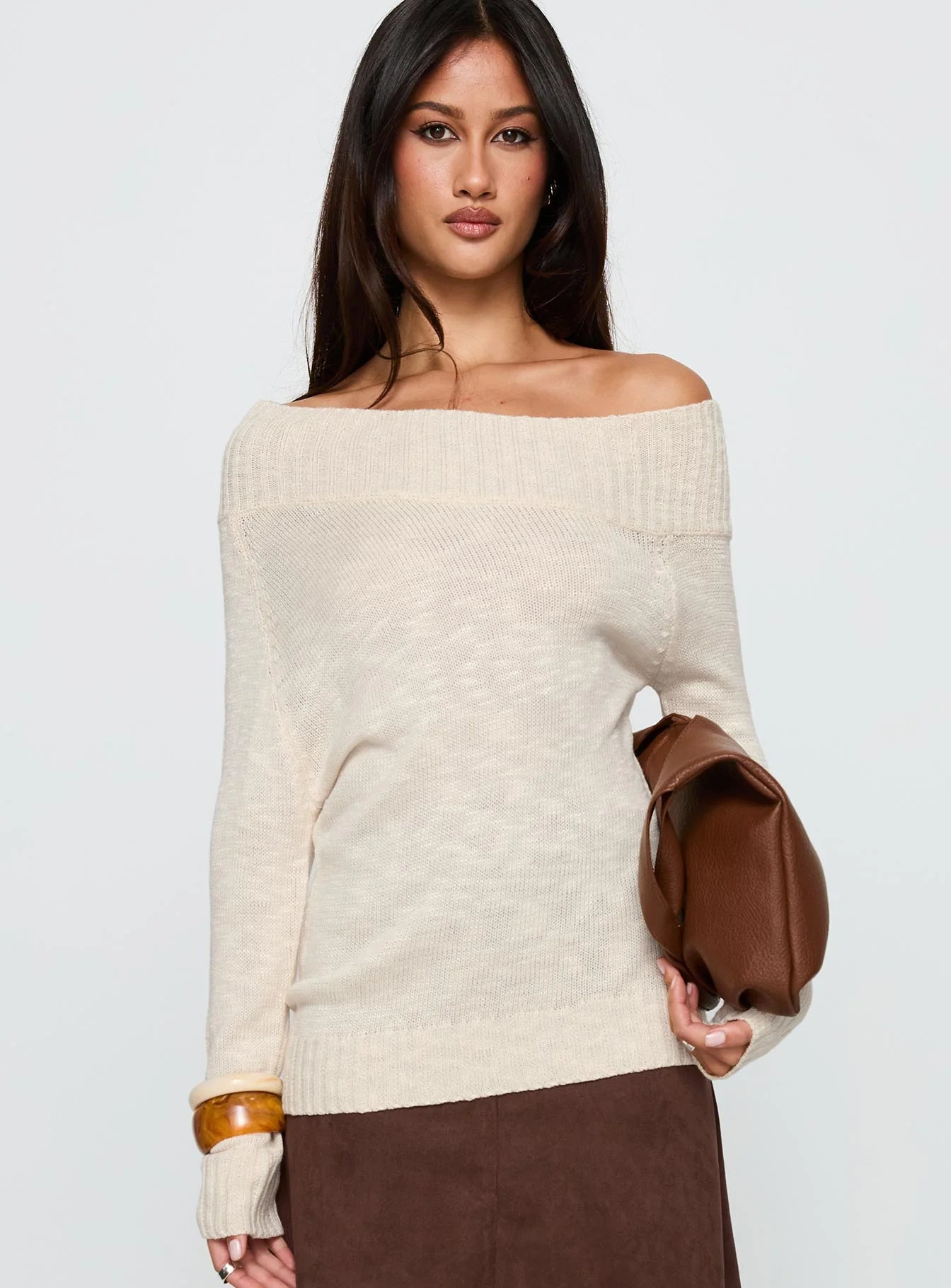Off Shoulder Knit Sweater Beige+Faux Suede Midi Skirt Brown