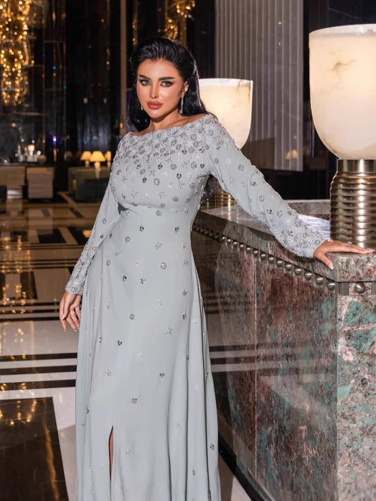 Slit skirt diamond-studded slim dress - MATCHING MASTER