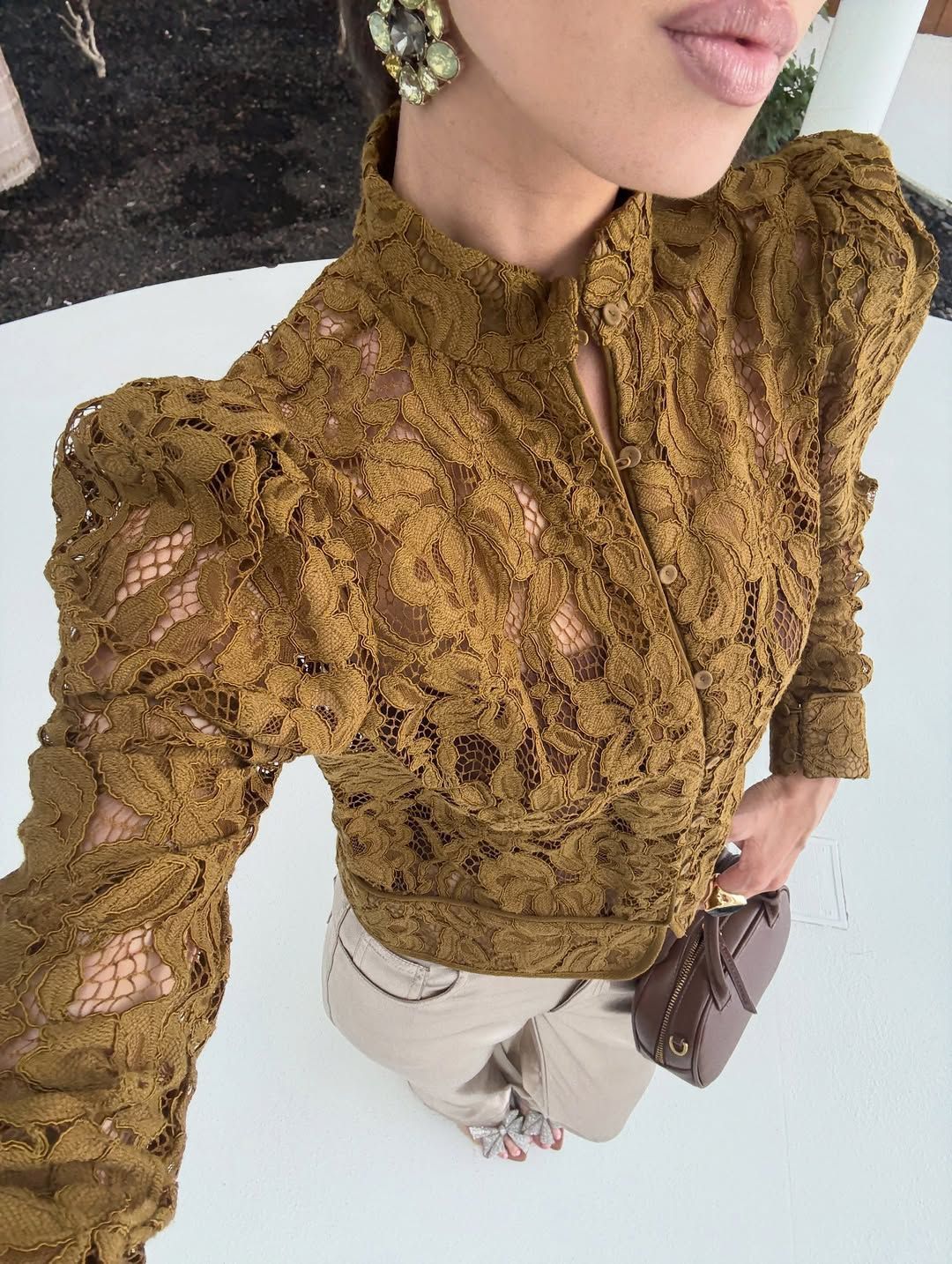 Lace round neck hollowed-out long-sleeved top