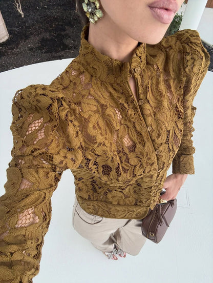 Lace round neck hollowed-out long-sleeved top