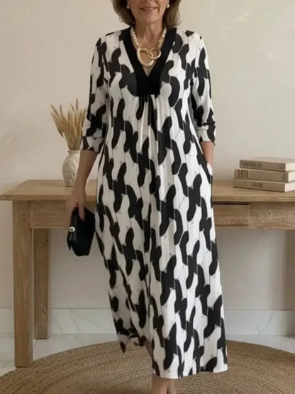 Elegant Art Print Color Block Trim V-neck Midi Dress - MATCHING MASTER