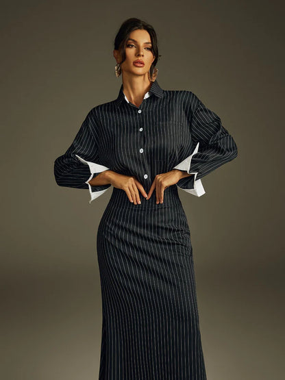 Ladies' Folded Collar Stripe Skirt Set - MATCHING MASTER