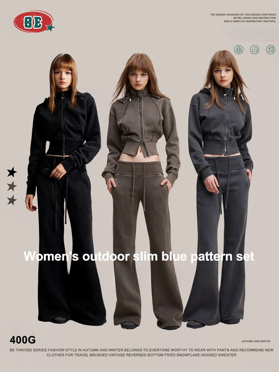 Fleece-lined slimming cardigan sweatshirt and casual pants two-piece set