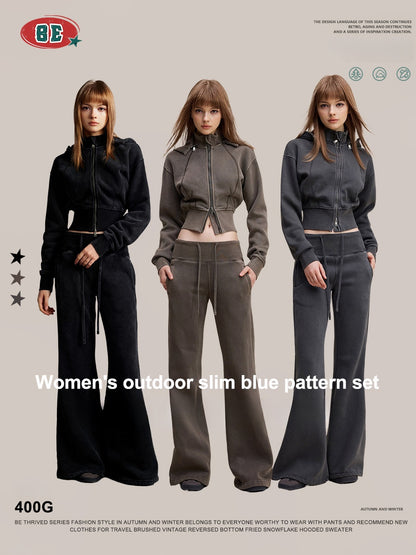 Fleece-lined slimming cardigan sweatshirt and casual pants two-piece set