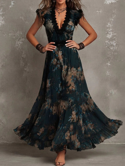 BundleWear™ Midnight Garden Gown | Lace-Trimmed V-Neck Chiffon Maxi Dress