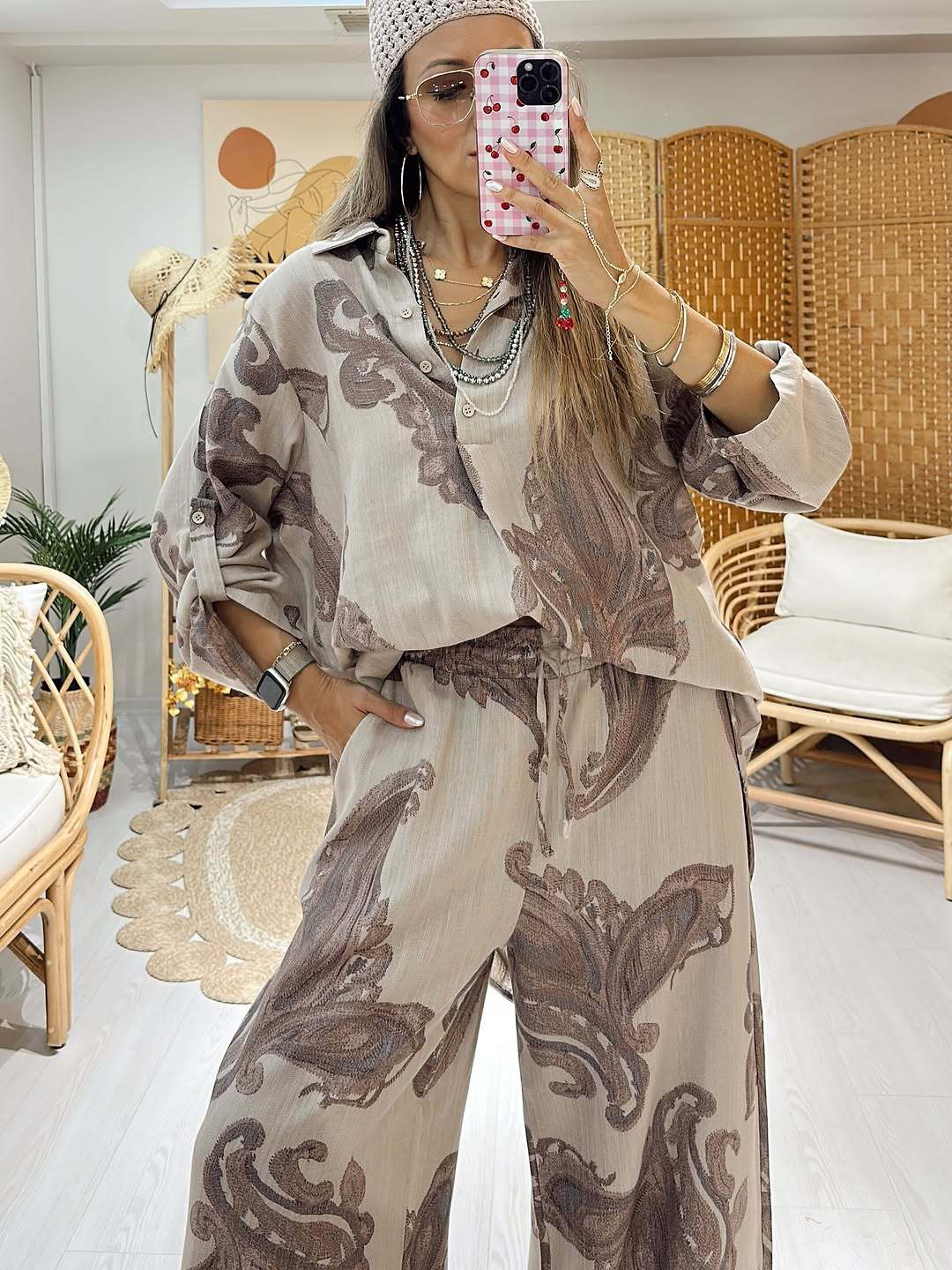 Elegant Paisley Print Two-Piece Set - Oversized Button-Down Shirt & Wide-Leg Drawstring Trousers