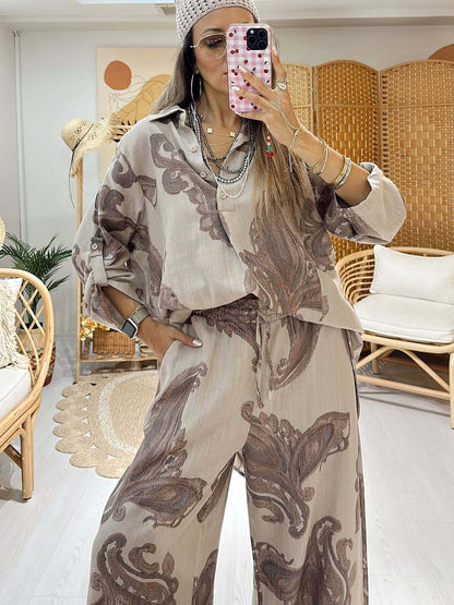 Elegant Paisley Print Two-Piece Set - Oversized Button-Down Shirt & Wide-Leg Drawstring Trousers