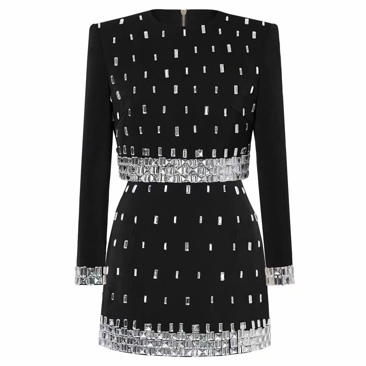 BundleWear™ Silver-Beaded Tweed Set | Hand-Embellished Knit Top & Hip-Contouring Mini Skirt