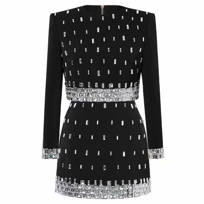BundleWear™ Silver-Beaded Tweed Set | Hand-Embellished Knit Top & Hip-Contouring Mini Skirt