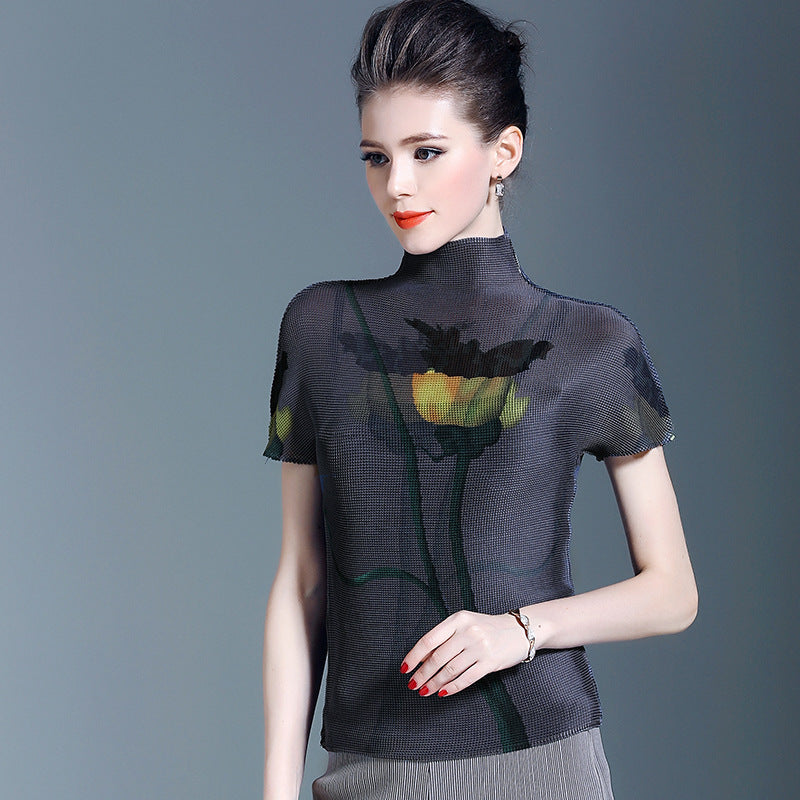 BundleWear™ Art-Print Pleated Tee | Micro-Pleated Mock Neck & Oil-Painting Floral Top