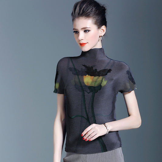 BundleWear™ Art-Print Pleated Tee | Micro-Pleated Mock Neck & Oil-Painting Floral Top