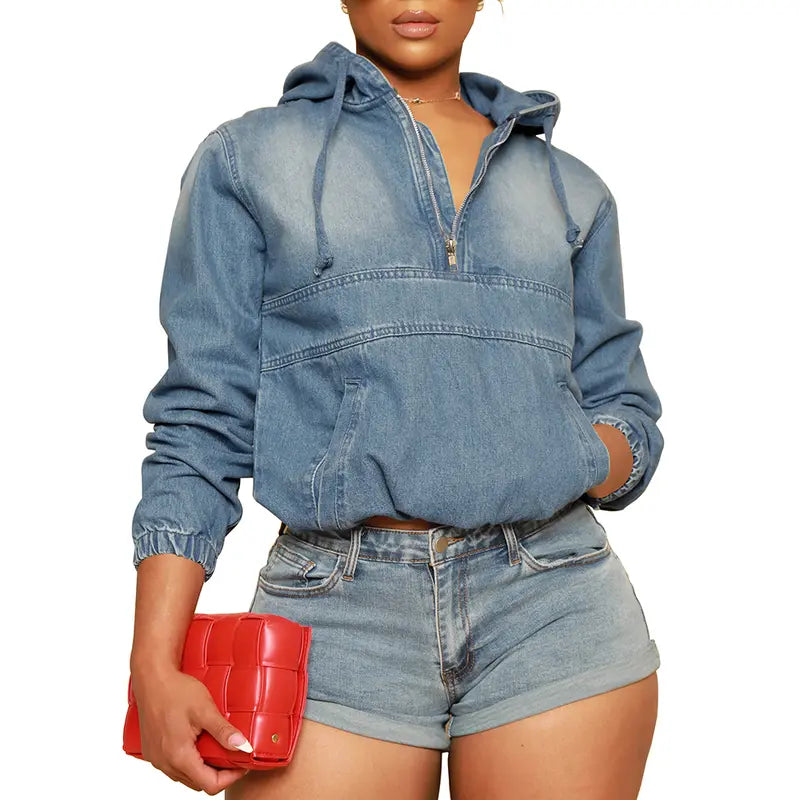 Women's Half Zip Denim Hoodie Pullover Jacket Jean Tops - MATCHING MASTER