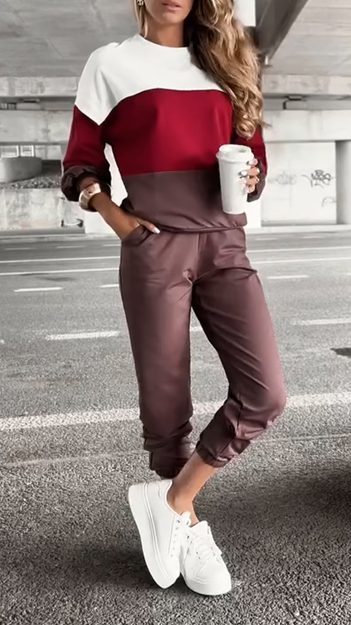 Women Round Neck Contrasting Top + Pants Casual Suit