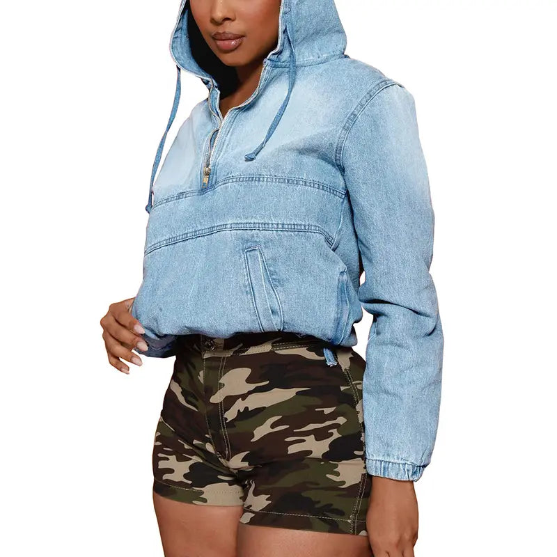 Women's Half Zip Denim Hoodie Pullover Jacket Jean Tops - MATCHING MASTER