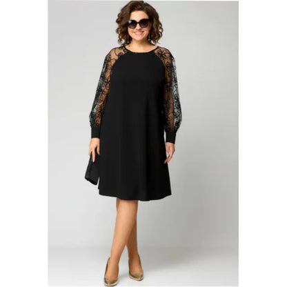 Lace Patchwork Dress with Long Sleeves and Round Neck