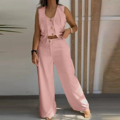 Women's 3 Pieces Outfits Metal Button Decor V Neck Sleeveless Tank Top and Casual Plain Loose Fit Pants Set
