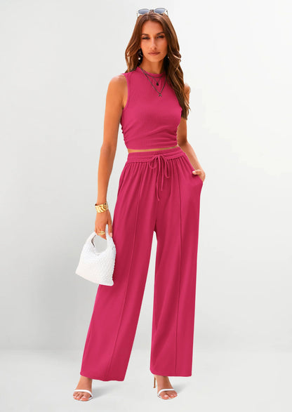 Women's Ribbed Sleeveless Two-Piece Set | Resort Style Casual Suit - MATCHING MASTER