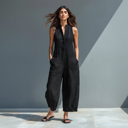 Women's linen blend button sleeveless loose-fitting jumpsuit