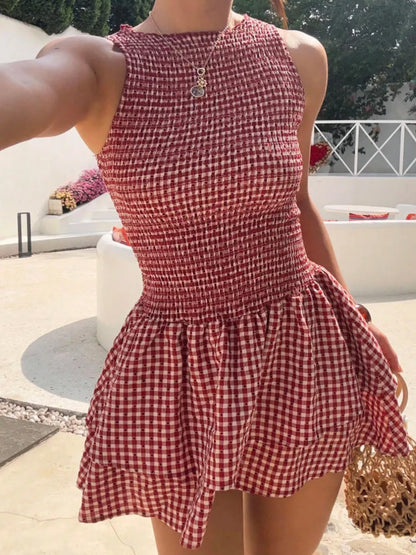 Gingham Smocked Mini Dress - BundleWear