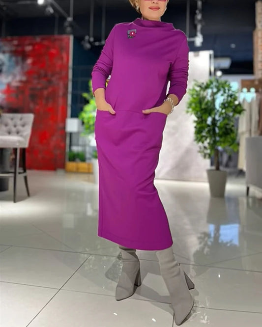 Loose thickened turtleneck dress with pockets