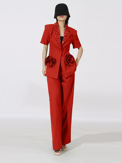 BundleWear™ Rosette Couture Suit | 3D Floral Patchwork & Rhinestone Wide-Leg Ensemble