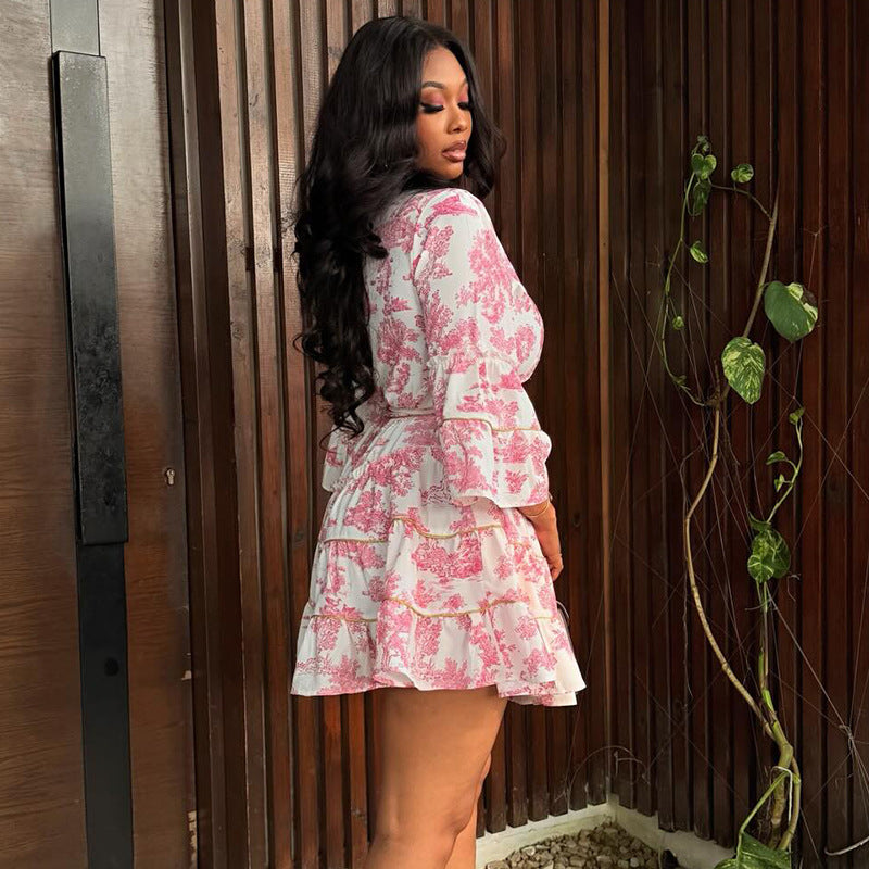 Chic Flare Sleeve Floral Summer Set Look - Sculpting V-Neck Boho Ruffle Mini Dress - BundleWear