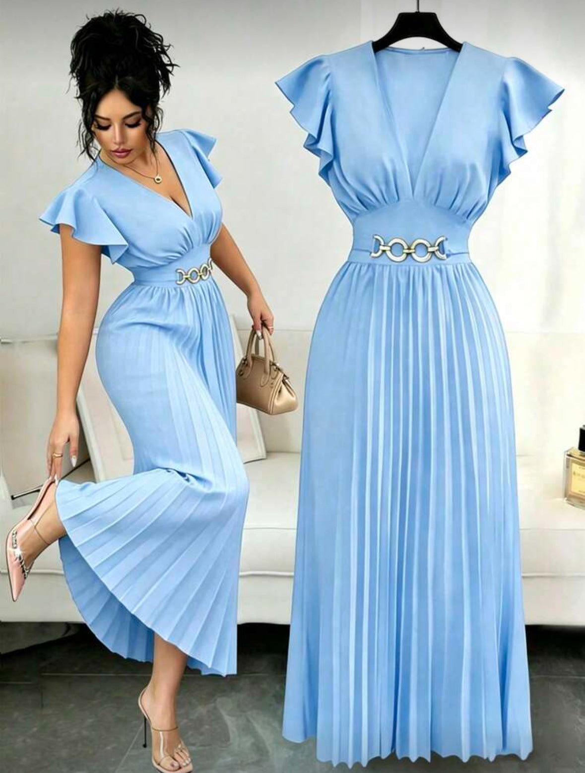 BundleWear™ Gilded Chain Pleated Maxi | Ruffled-Sleeve V-Neck Resort Dress