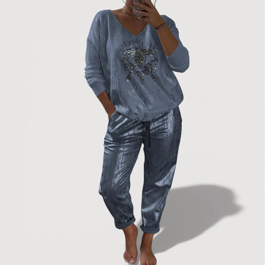 BundleWear™ Starlight Eye Set | Shimmering Graphic Sweater & Metallic Jogger Ensemble
