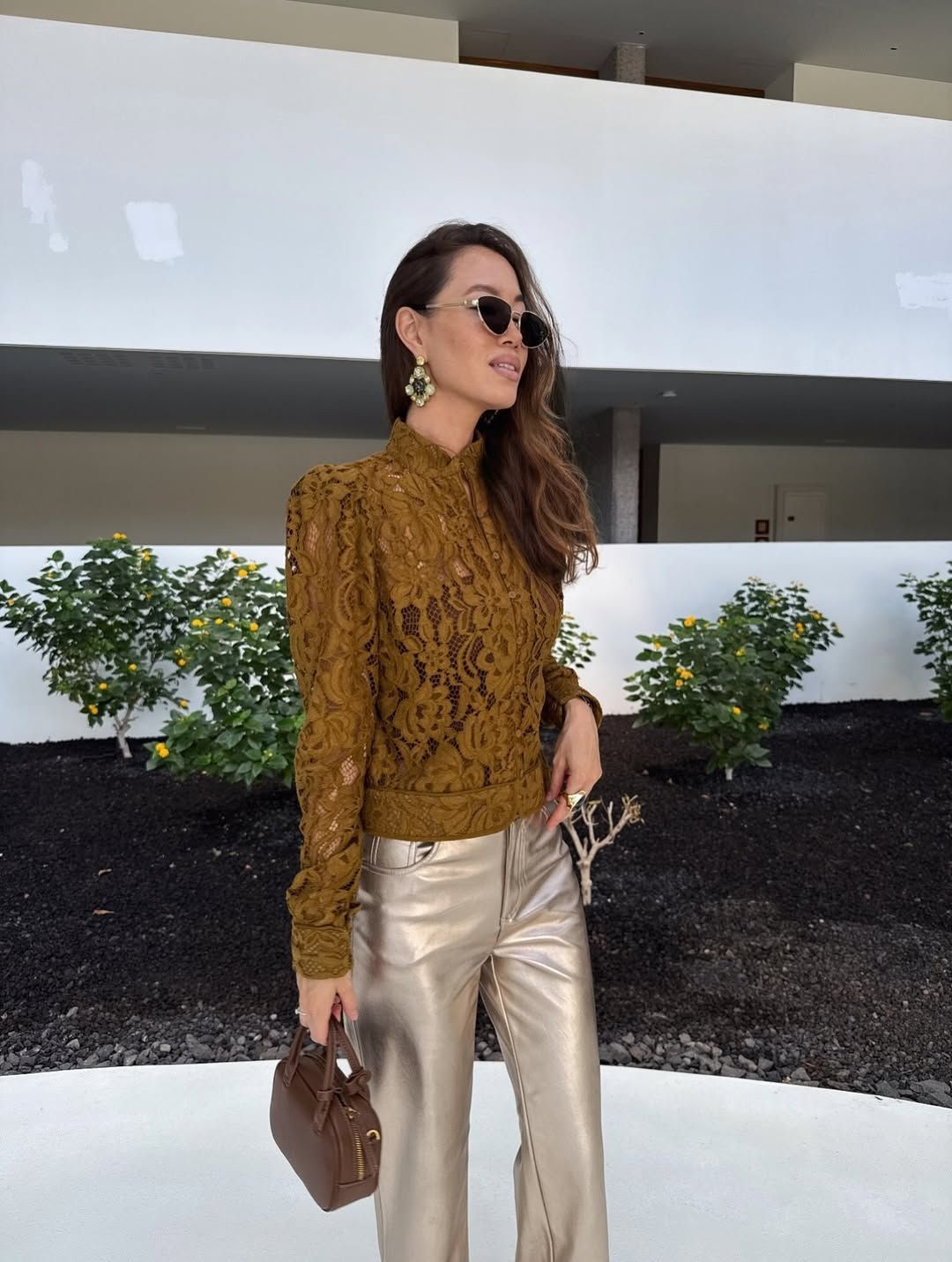 Lace round neck hollowed-out long-sleeved top