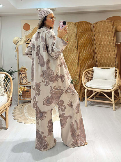 Elegant Paisley Print Two-Piece Set - Oversized Button-Down Shirt & Wide-Leg Drawstring Trousers