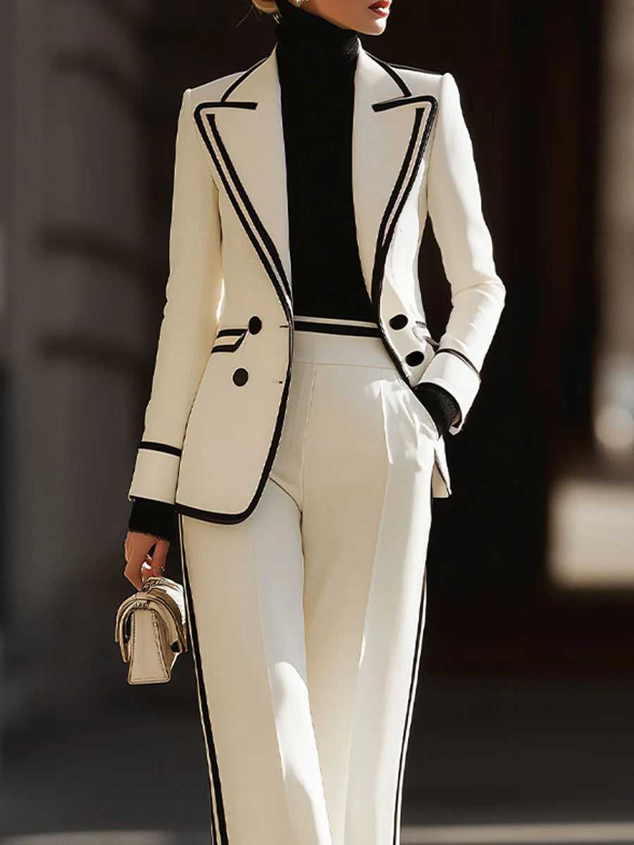 White Contrast - Trim Double - Breasted Suit Set - MATCHING MASTER