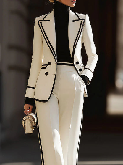 White Contrast - Trim Double - Breasted Suit Set - MATCHING MASTER