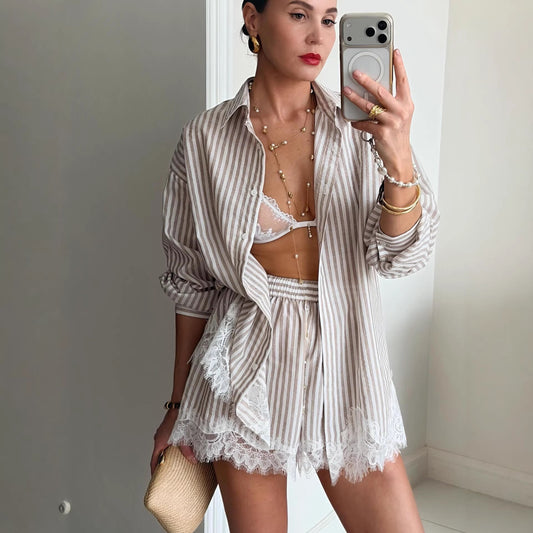 Women's Striped 2-Piece Resort Set - Oversized Button-Down Shirt with Eyelet Lace Trim & Matching Shorts