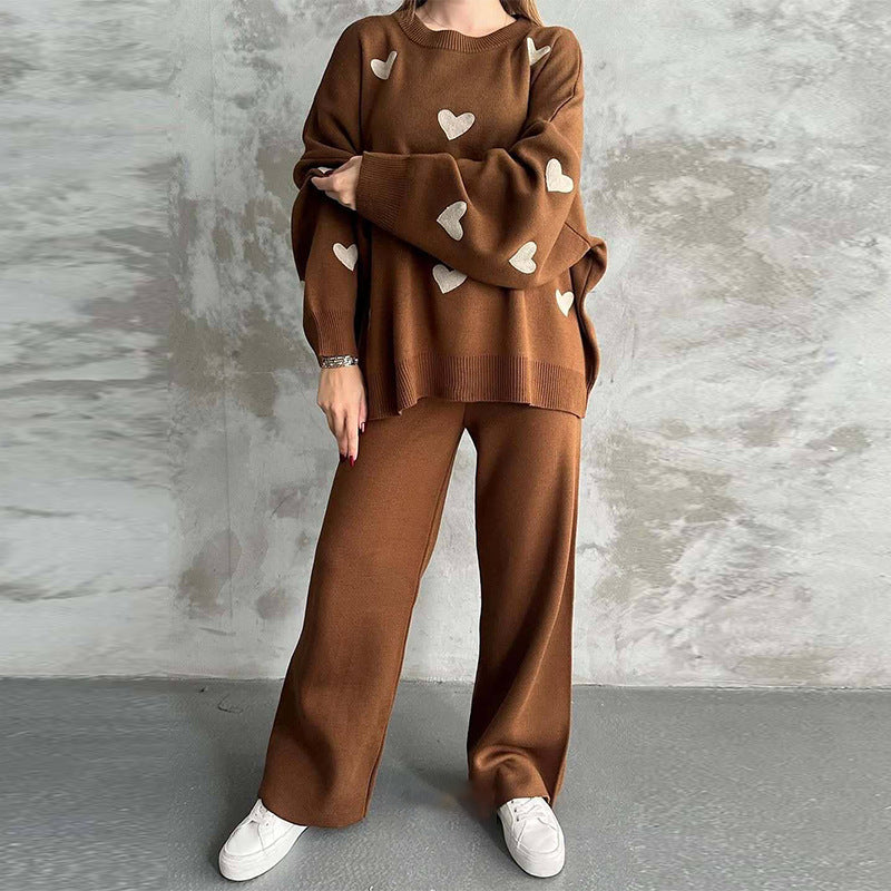 Ladies' Solid Color Hearth Embroidery Round Neck Drop Shoulder Pullover & Sweater Pants Set