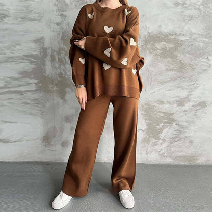 Ladies' Solid Color Hearth Embroidery Round Neck Drop Shoulder Pullover & Sweater Pants Set
