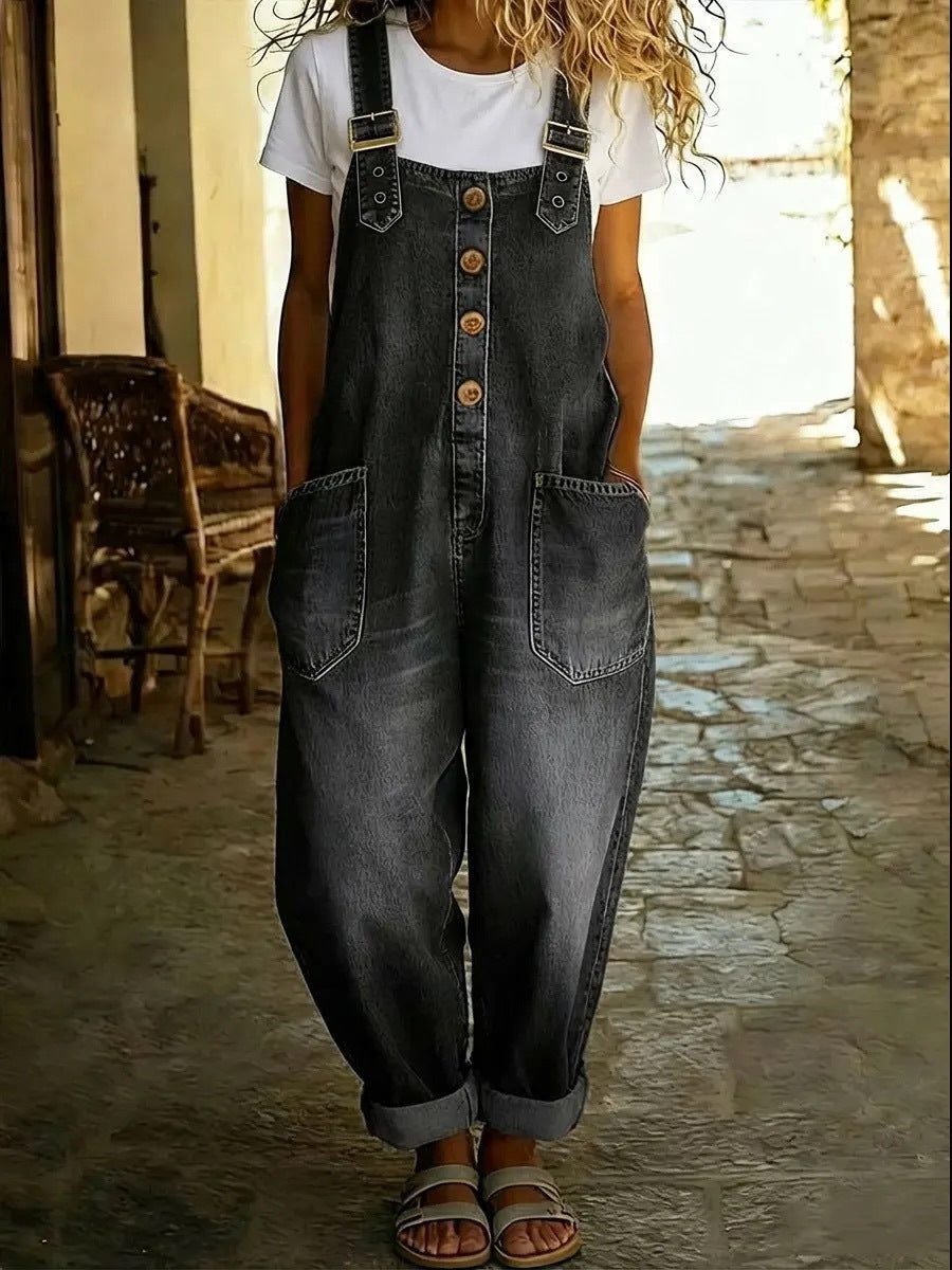 Chic Retro Distressed Denim Jumpsuit for Women - Loose-Fitting Casual Streetwear One-Piece Set - BundleWear