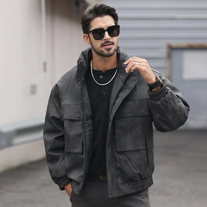 Men's Retro Stand Collar Leather Jacket