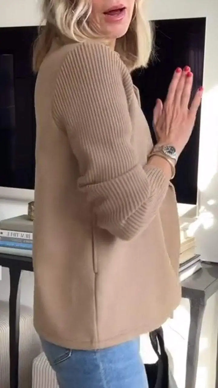 Ladies' Lapel Button Knitted Patchwork Sleeve Casual Coat