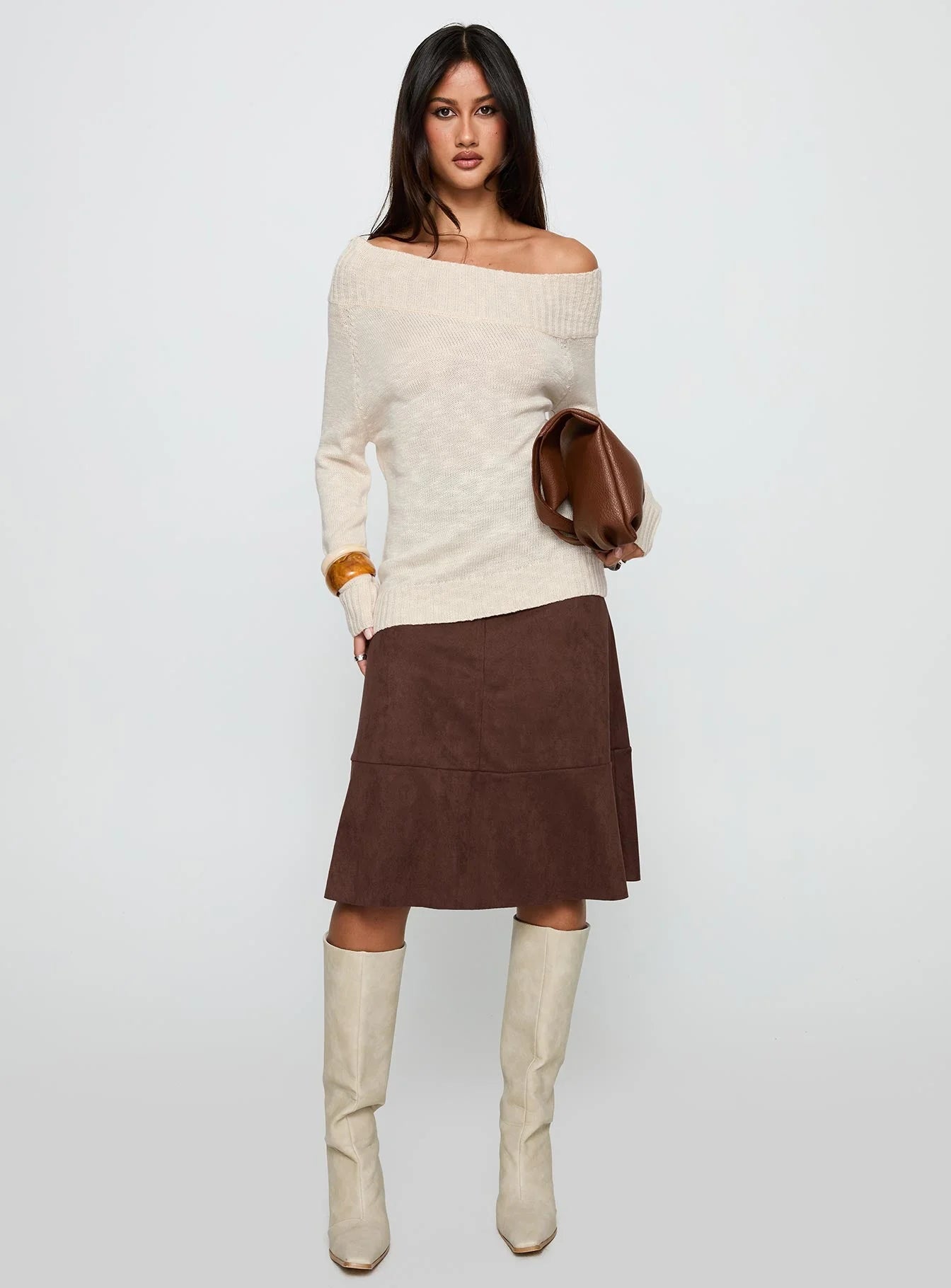 Off Shoulder Knit Sweater Beige+Faux Suede Midi Skirt Brown