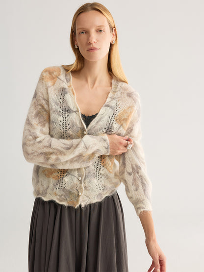 French Floral Mohair-Blend Cardigan — V-Neck Pointelle Knit, One Size