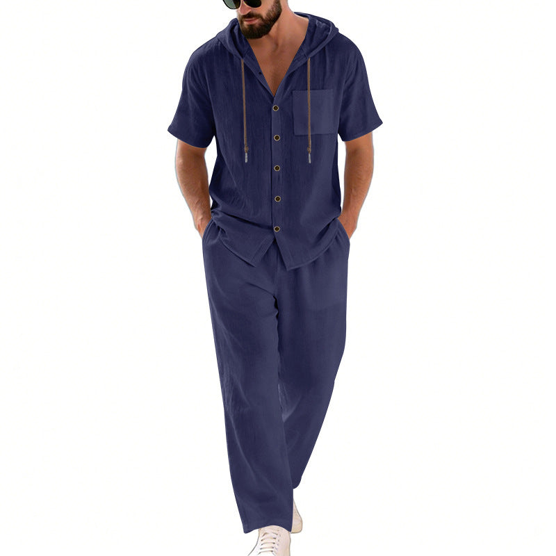 BundleWear™ Breeze-Hood Linen Set | Drawstring Hooded Shirt & Elastic-Waist Trousers