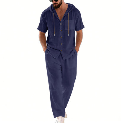 BundleWear™ Breeze-Hood Linen Set | Drawstring Hooded Shirt & Elastic-Waist Trousers
